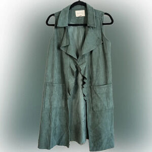 Anthropologie Moon River Green Faux-Suede Long Vest Pockets Ruffle Collar Size M